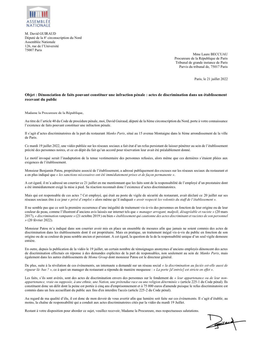 GuiraudInd's tweet photo. 🤔 Filtrage raciste au Manko Paris : Les faits sont reconnus par l’établissement mais sont imputés uniquement au vigile

Il faut une enquête. Je signale donc ce délit aujourd’hui à la Procureure de la République au titre de l’article 40 du Code de Procédure Pénale  (1/2) https://t.co/HtmOeEiOym