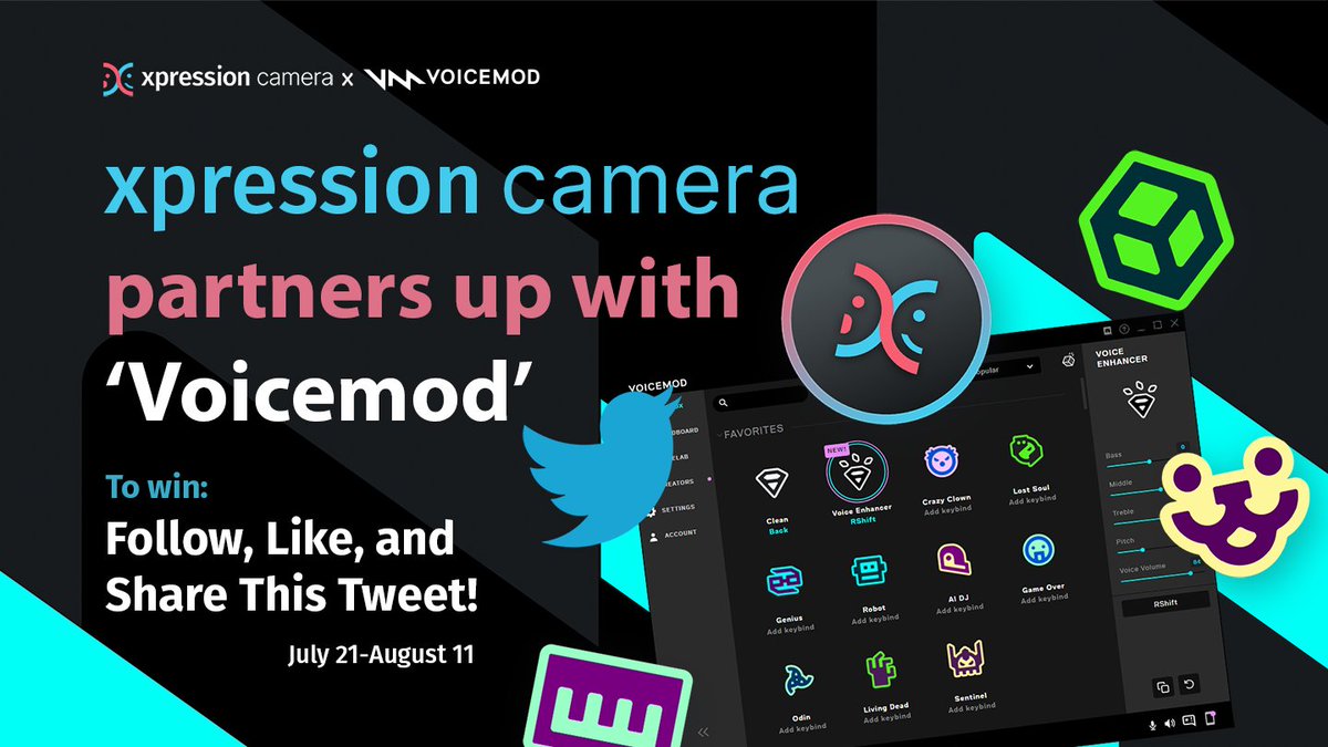 xpression_app's tweet photo. Follow our account, like, and share this tweet to be eligible to win FREE Pro versions of xpression camera and Voicemod! https://t.co/6mLKNJJ8ba