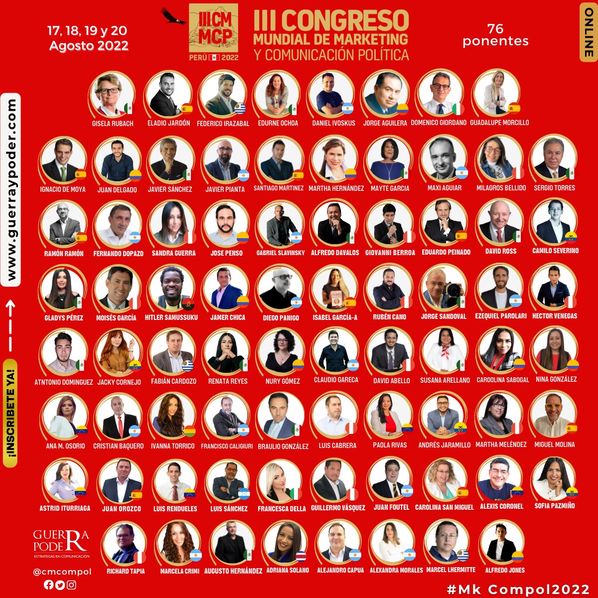 ✅ III Congreso Mundial de Marketing y Comunicación Política 🥇

📲 Del 17 al 20 de agosto (online)
¡76 ponentes en 4 días!

🎟️ Inscripciones: guerraypoder.com
📲 WhatsApp: wa.link/bvrzwx

Ver programa: acortar.link/Fx3OeZ

#mkcompol2022 #compol