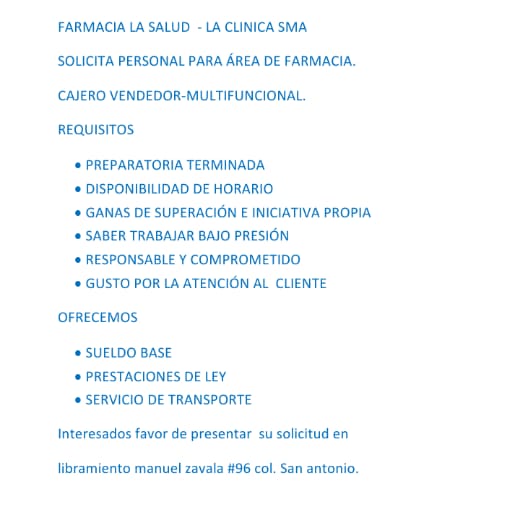 Nuestro afiliado La Clinica SMA cuenta con la siguientes vacantes disponibles💼🏥🥼:
-Personal para área de farmacia
-Cajero vendedor-multifuncional

Presenta tu solicitud en Libramiento Manuel Zavala #96 Col. San Antonio 

#Afiliado #LaClinicaSMA #Trabajo #Vacante #SMA
