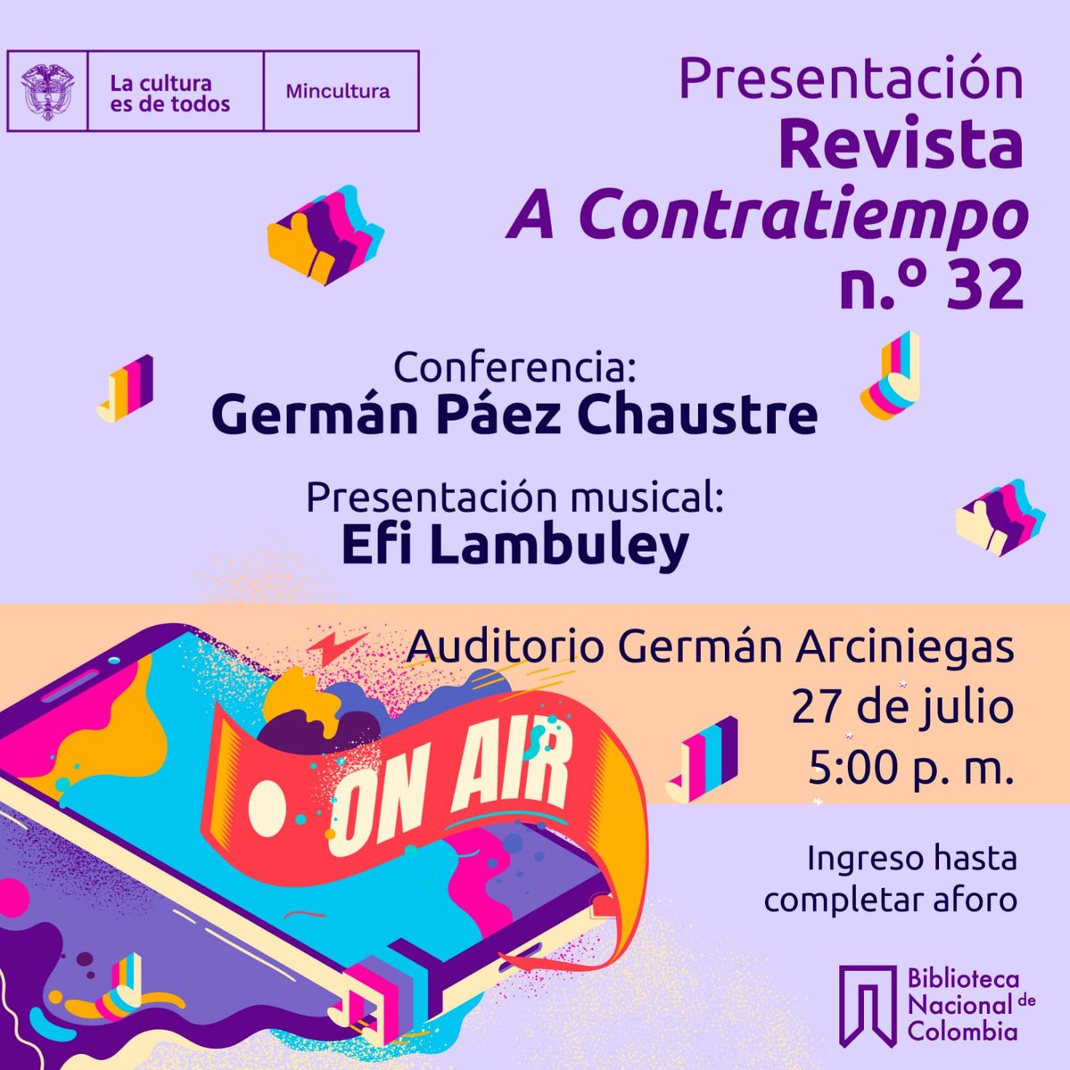 ¡Este miércoles! Estaré con mi looper, mis canciones y mis percusiones tocando en la presentación del número 32 de la revista A Contratiempo para el cual me hicieron una entrevista sobre las músicas en la era digital 🤓 😎 . Es entrada libre . Les espero 🤭💜
<a href="/BibliotecaNalCo/">Biblioteca Nacional de Colombia</a>