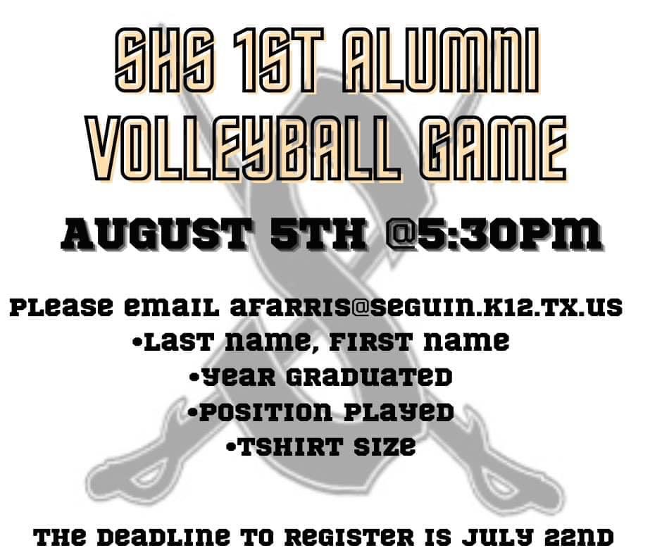 Please retweet! 
For those who are still contemplating, tomorrow is the last day to sign up for our inaugural alumni game. You may also email me at jaguilar@seguin.k12.tx.us 
Join us in a friendly, competitive game as we kick off our upcoming season! #FamilyOfChampions 🖤💛⚔️