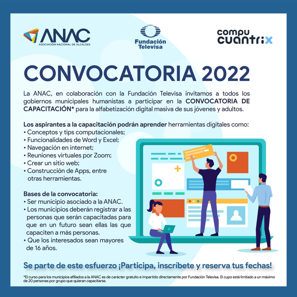 ANACmx_'s tweet photo. 🙌 En unión con @fundtelevisa y #Cuantrix invitamos a todos los #GobiernosLocalesHumanistas a participar en la "Convocatoria de Capacitación 2022" para la #AlfabetizaciónDigital masiva.
Comunícate: 5534559337
@AleGutierrez_mx, Pdta. de #León, Gto. y Pdta. de la #ANAC. https://t.co/42TVAbph0d