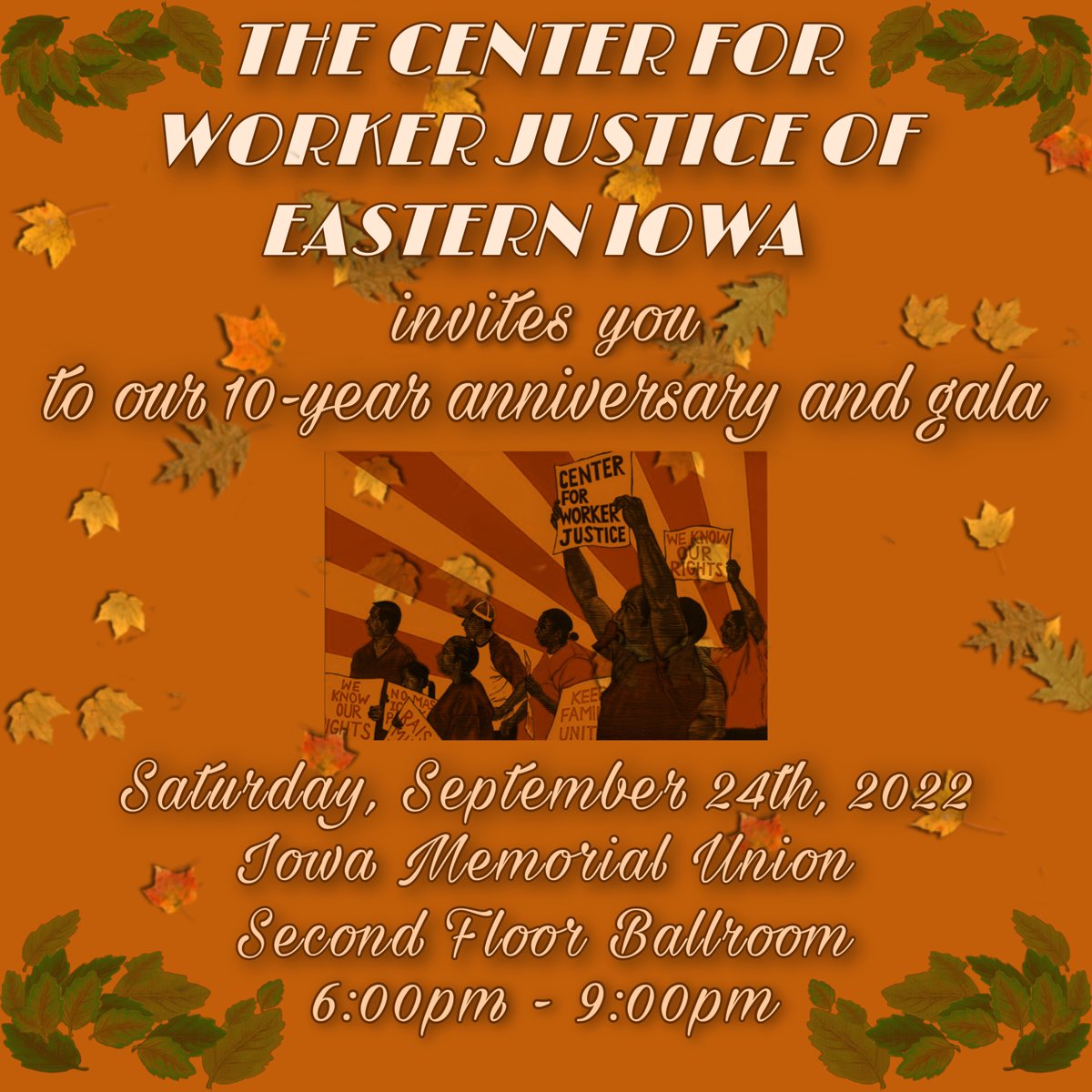 Mark your calendars! Please join us as we celebrate CWJ's 10th anniversary &amp; fundraising gala on Saturday, September 24th, at the IMU's Second Floor Ballroom. Online ticket sales will be available on our website next week, or you can come into our office to purchase a hard copy!