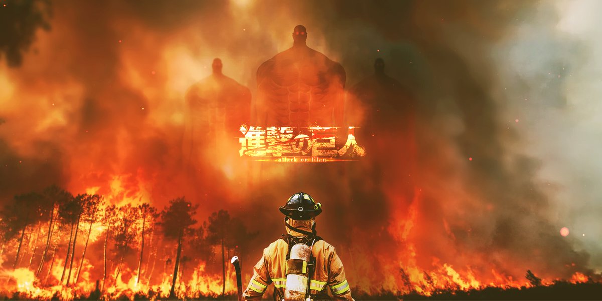senseyaa's tweet photo. Photomontage SNK/réalité  
Soutient au Pompier qui font face a de véritables Titans de flammes 

#IncendiesGironde #SNK #ShingekiNoKyojin #IncendiesenGironde #pompiers https://t.co/jLmau1BEPt