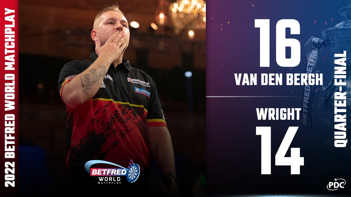 OfficialPDC's tweet photo. DELIGHT FOR DIMITRI! 🇧🇪

Dimitri Van den Bergh's love affair with the World Matchplay continues!

The Belgian perfectly times his sprint to the finish line to defeat Peter Wright in a Winter Gardens epic!

#WMDarts | QF
📺 https://t.co/eJJXK4DqqY https://t.co/8QUVK8WnpB