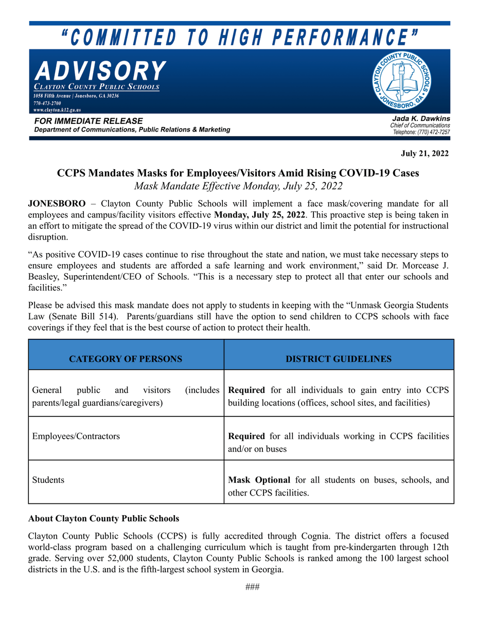 CCPSNews's tweet photo. CCPS Mandates Masks for Employees/Visitors Amid Rising COVID-19 Cases | Effective Monday, July 25, 2022 https://t.co/ySdT7Oez7u