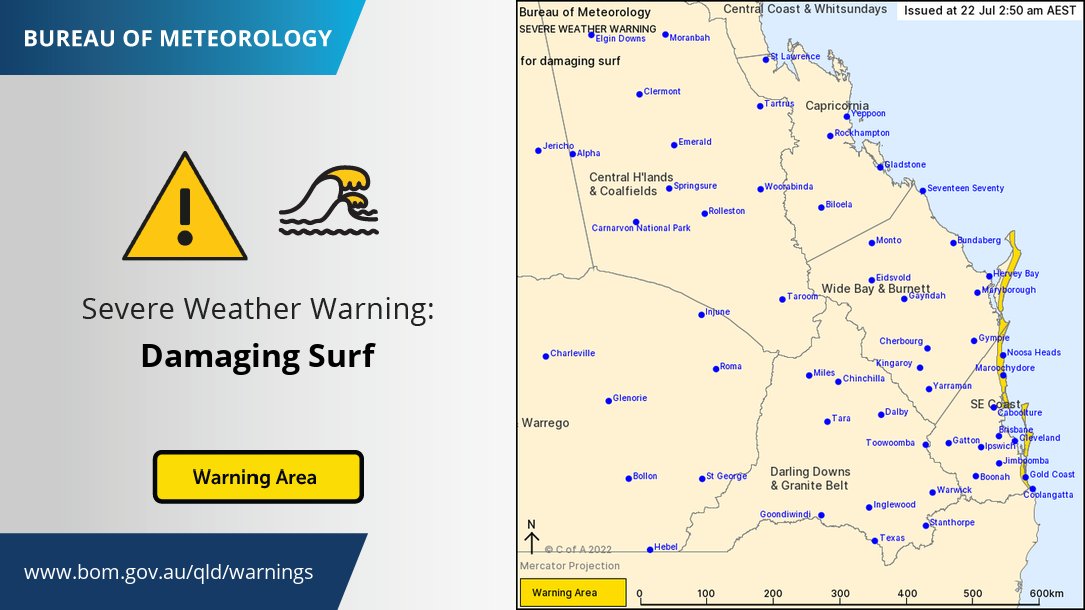 BOM_Qld's tweet photo. β οΈπSevere Weather Warning for Damaging #Surf: Dangerous surf conditions are expected to cause localised damage, coastal erosion along exposed coastlines south of #SandyCape.
A separate Hazardous Surf Warning is also current.
Details: https://t.co/FBmpsIoqYW @lifesavingqld https://t.co/EAXnGxyJti