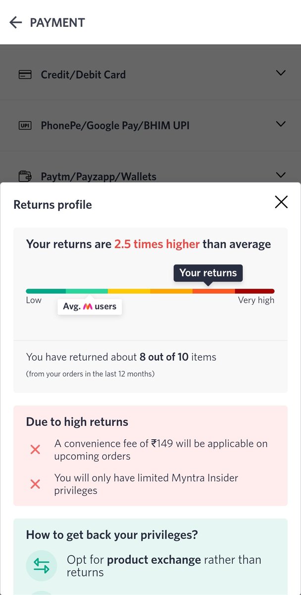 Nullptr7Ex's tweet photo. @myntra such a stupid policy I returned because I didn't like it or it didn't fit the way I wanted to. We all do the same when we visit the Mall. This is sheer stupidity. Also my last order was 2 years back I am not sure this is anyway applicable.. https://t.co/o5wax0EbZz