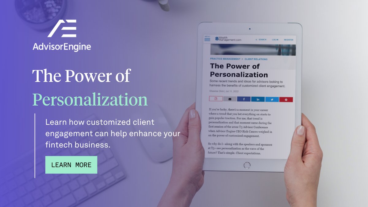 AdvisorEngine's tweet photo. Thanks for the shout out @ShawnaOhm @wealth_mgmt The future of financial planning IS personalization.
With @AdvisorEngine advisors have the power of personalization at their fingertips.
Schedule a demo today: https://t.co/7lQDRjQeLN
#AdvisorEngine #ThePowerofPersonalization https://t.co/WUzL3HuPeu