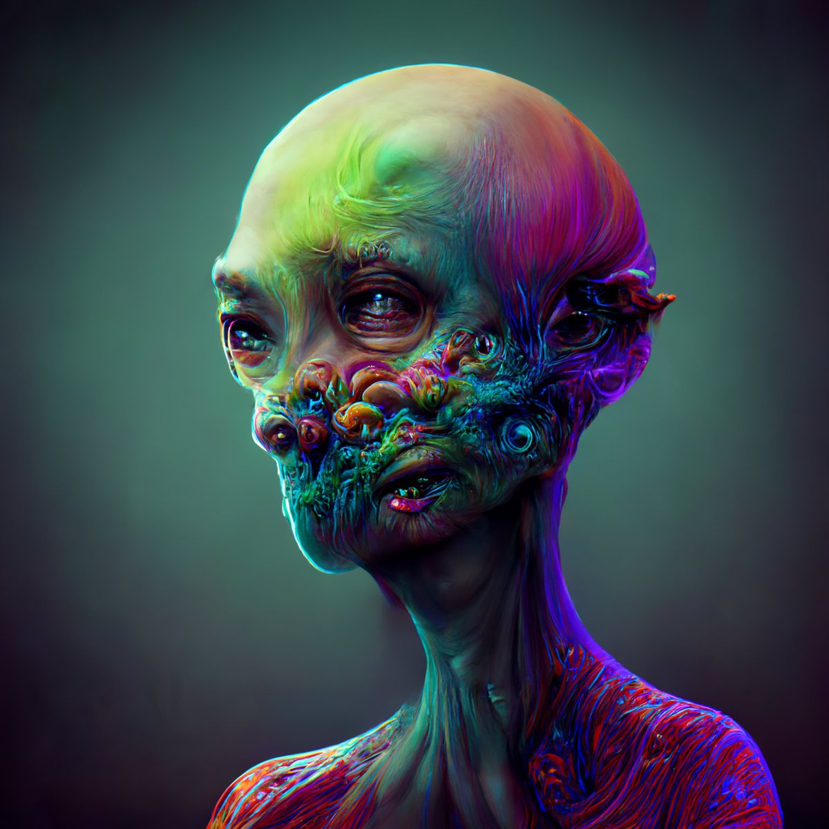 Psychedelic alien portrait #aiartcommunity #gan #ganart #generative #generativeart #fractal #nft #cnft  #creativeai  #trippy #visuals #creativecoding #ai #deepdream #visuals #fractal #machinelearning #digitalart #psychedelic #conceptart  #robotics #aiart #midjourney #midjourneyAI