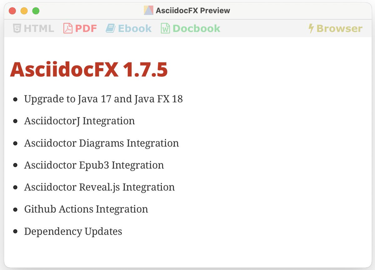 AsciidocFX v1.7.5 has been released 🥳🥳🥳
See: github.com/asciidocfx/Asc…
Main features: 
* Java 17 and JavaFX 18 support
* #AsciidoctorJ (Diagrams, Epub3, Revealjs, PDF) integration
* Github Actions Integration, version upgrades etc.
<a href="/asciidoctor/">Asciidoctor Project</a> #java #javafx