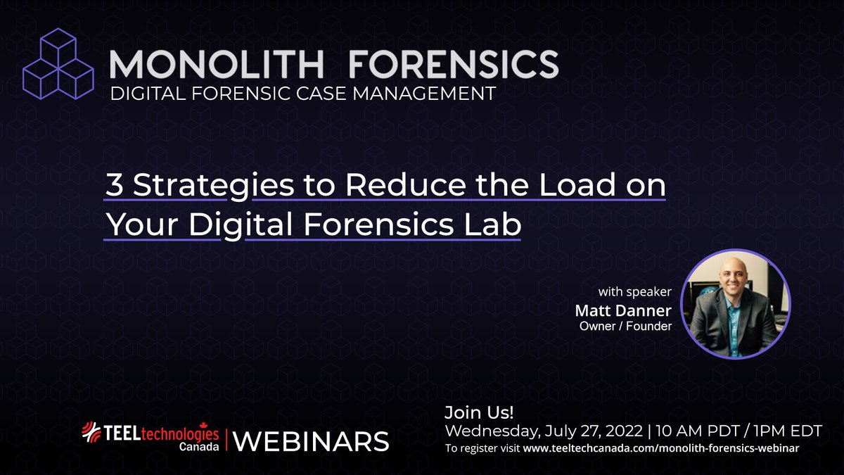 Join us July 27th for our latest webinar with Monolith Forensics as we discuss "3 Strategies to Reduce the Load on Your Digital Forensics Lab" using their Digital Forensic Case Management Platform.
bit.ly/3v8kv34
#digitalforensics #casemanagement