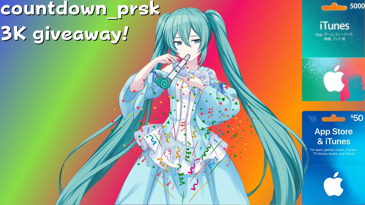 countdown_prsk's tweet image. thank you so much for 3,000 followers!
to celebrate i’m giving away one gift card to two winners, $50 usd or 5000 jpy, winner’s choice!
follow and retweet to enter, ends on august 19th noon jst