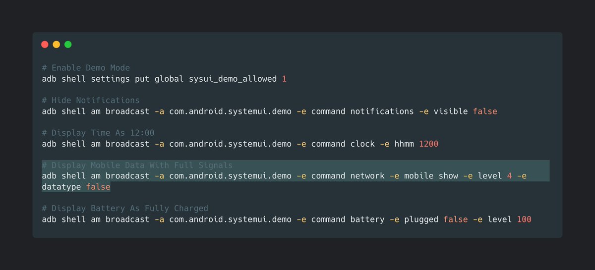 waseefakhtar's tweet photo. Android Tip:

In order to take clean &amp; consistent screenshots of your app, you can cleanup your status bar on your phone or emulator by using ADB shell commands in the Terminal.

#AndroidDev #Android #AndroidTip #100DaysOfCode https://t.co/ZKqKLy3NIU