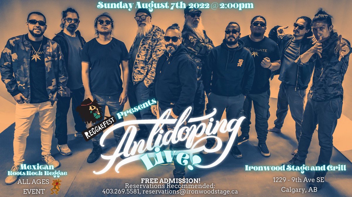 Psssst, Antidoping is coming to Calgary to celebrate their 30th Anniversary! On August 7, at 2 PM.  The location is at the Ironwood. Reservations recommended 403 269 5581. #reggae #yycevents #summerconcert