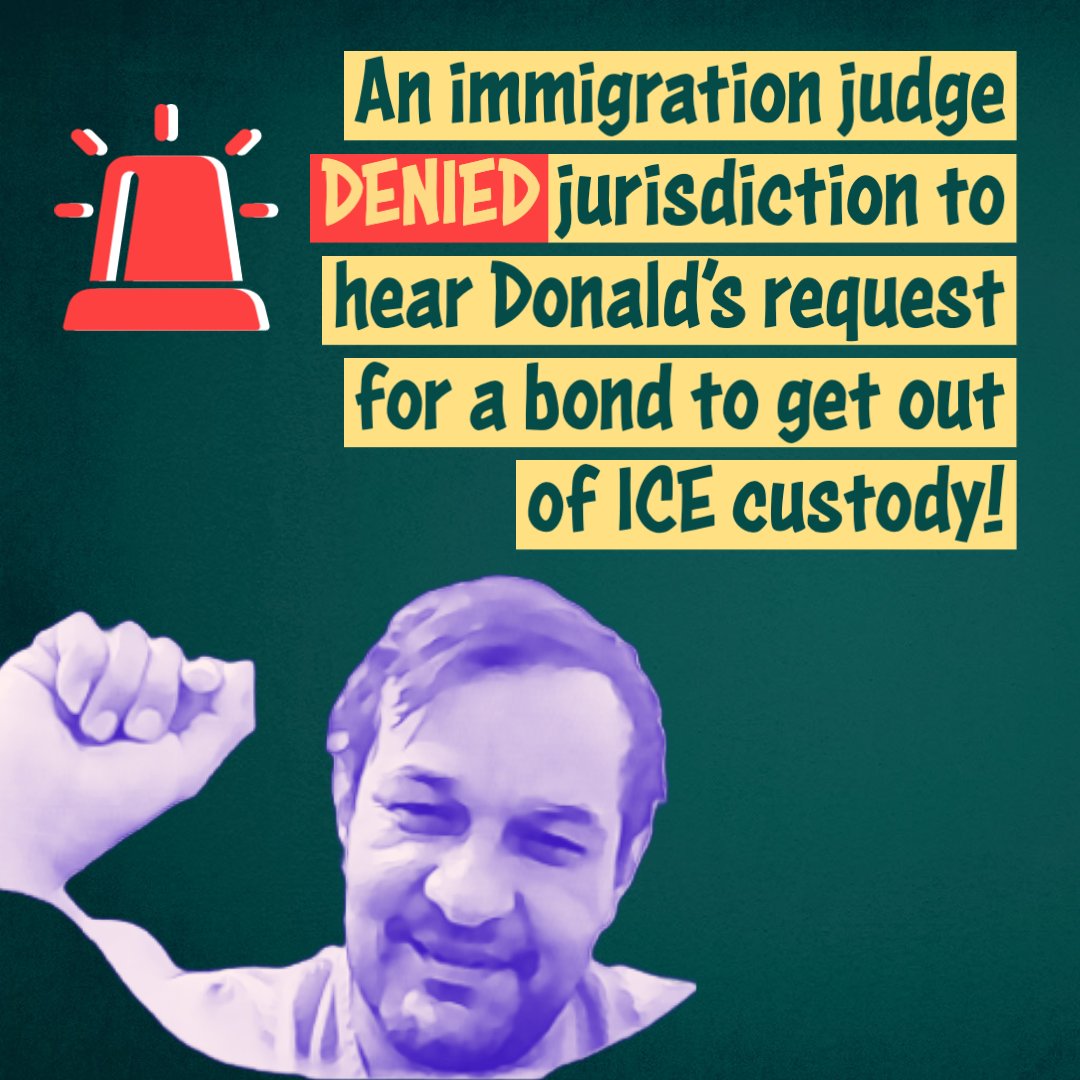 ThinkLawLab's tweet image. 🚨 An immigration judge said they don't have jurisdiction to hear Donald's bond request.

Donald has faced severe medical negligence in ICE custody at Imperial Regional Detention Facility, run by private prison company MTC.

His health depends on his freedom!

#FreeDonald