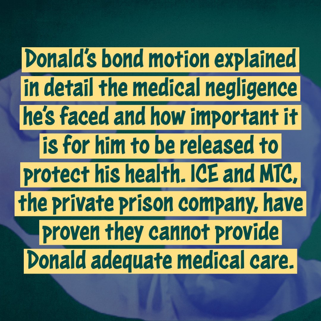 ThinkLawLab's tweet image. 🚨 An immigration judge said they don't have jurisdiction to hear Donald's bond request.

Donald has faced severe medical negligence in ICE custody at Imperial Regional Detention Facility, run by private prison company MTC.

His health depends on his freedom!

#FreeDonald