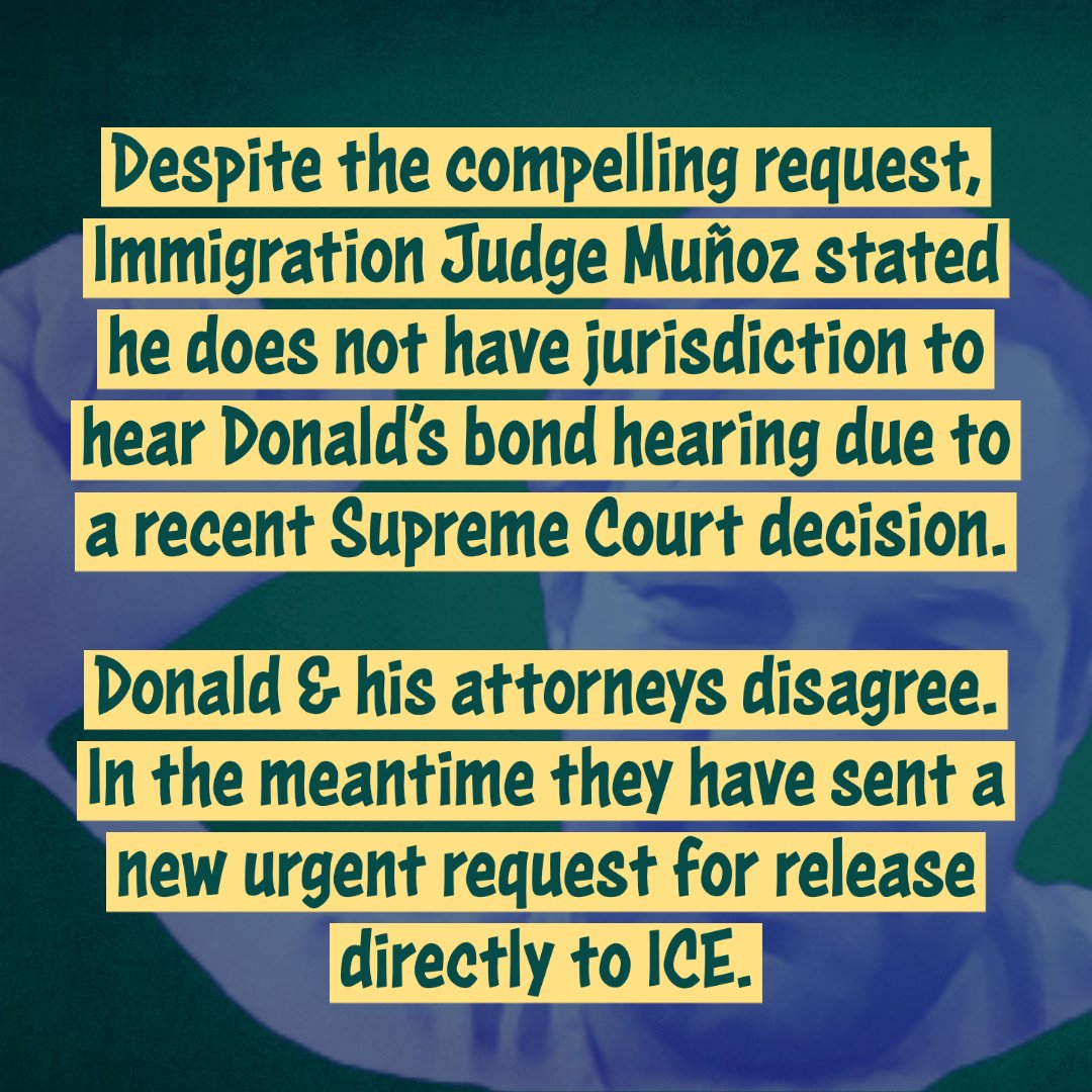 ThinkLawLab's tweet image. 🚨 An immigration judge said they don't have jurisdiction to hear Donald's bond request.

Donald has faced severe medical negligence in ICE custody at Imperial Regional Detention Facility, run by private prison company MTC.

His health depends on his freedom!

#FreeDonald