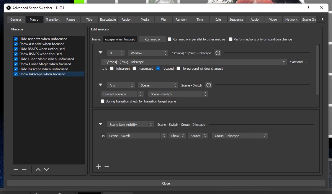 Advanced Scene Switcher macros. There are eight macros, a hide and show pair for each of Aseprite, BSNES, Lunar Magic and Inkscape. Shown is the Inkscape show macro - it tests if the focused window has a title matching a regular expression that begins with "obs" and ends with "svg - Inkscape", and if so unhides the group in the scene.