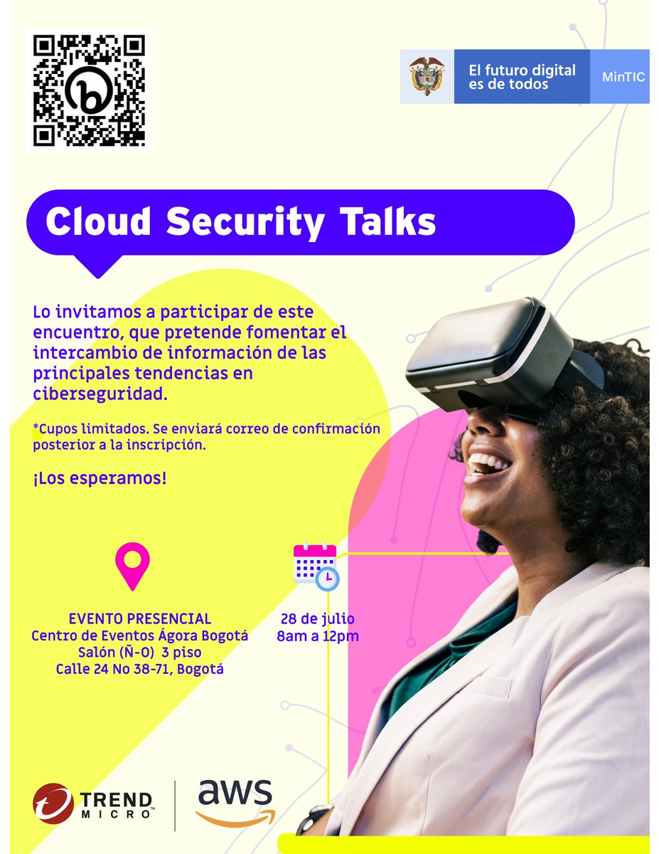 GobDigitalCO's tweet photo. 📢 #Entérate I 🔵 El #Cloudsecuritytalks será un espacio presencial para nutrir  conocimientos en materia de seguridad digital  ¡Haz tu registro y fortalece tus conocimientos en temas de ciberseguridad!👉🏻https://t.co/MBIvekkv7b https://t.co/f85jWY64XO