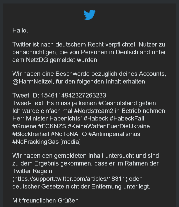 HarmNeitzel's tweet photo. Wer meldet solche Tweets und warum? Was bewegt Menschen dazu? Dieser Tweet wurde sogar mehrfach gemeldet. Ist eine einfache Meinungsäußerung. Nicht im entferntesten provokant oder so...
#Ukraine #Habeck #FCKGRN #FCKNZS #FCKGRNNZS #Nordstream2 #Gasnotstand #NoToNATO #Queer4Peace https://t.co/FQDXpzxUjq