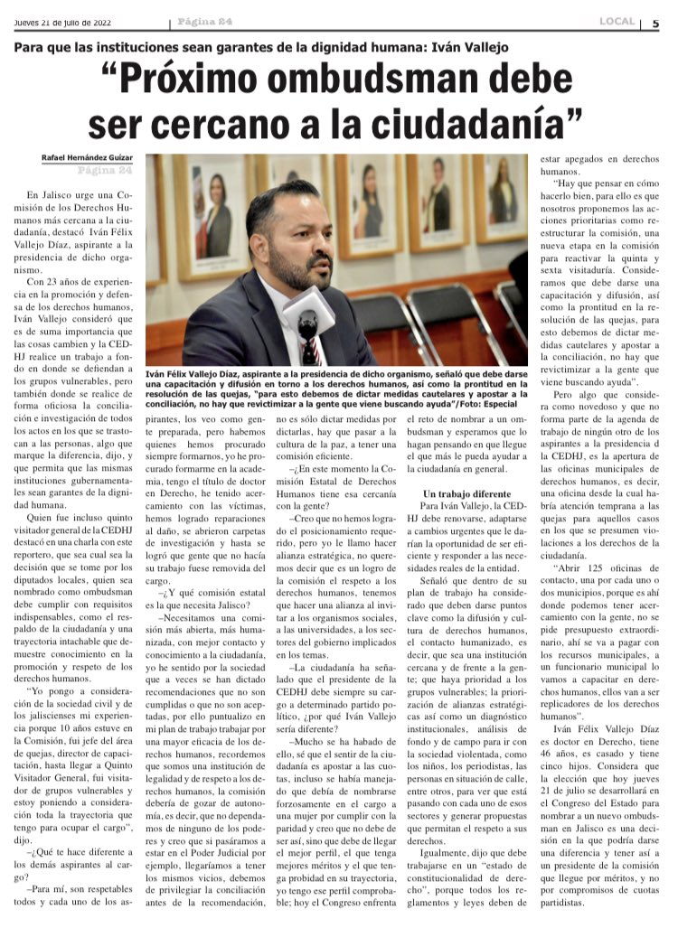 ivanfvallejo's tweet photo. Les comparto la entrevista que me hicieron en @Pagina24Jal al respecto de la @CEDHJ “cercano a la ciudadanía” #ExperinciayAcademia https://t.co/9UAq8f7Qe4