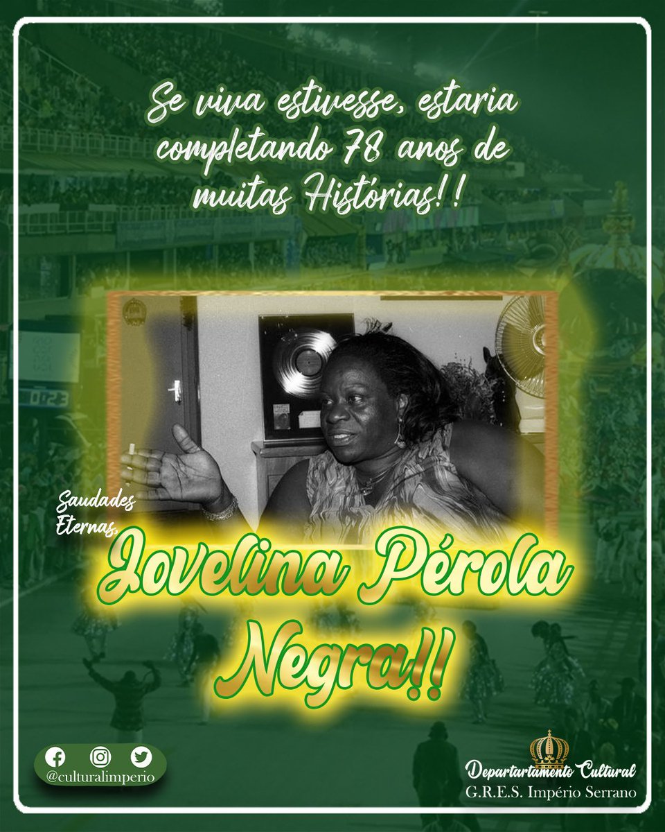 💚78 ANOS DA PARTIDEIRA DA PELE MAIS NEGRA!🤍

Ela que firmava no repente, improviso, era com ela mesmo! De Baiana da Cidade Alta, a Compositora! Dona de tantas facetas e que nos encanta até os dias de Hoje!!

Quantas Saudades...

#impérioserrano #jovelinapérolanegra #cultural