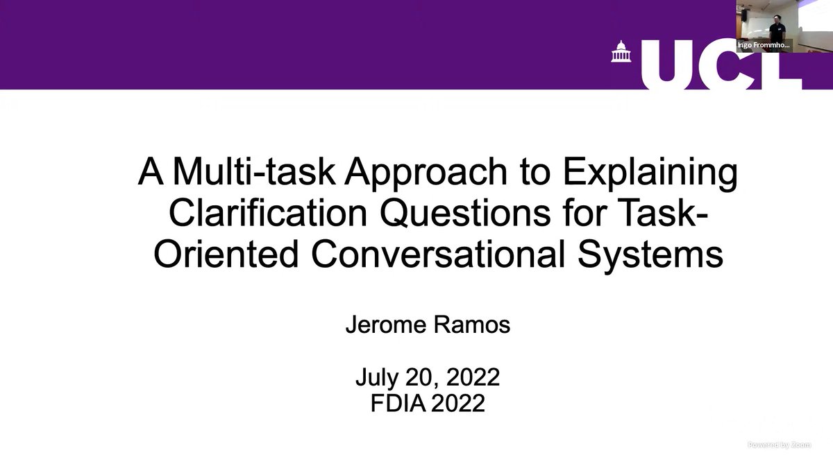 AldoLipani's tweet photo. Check out the presentation of @JeromeRamos70 given at #FDIA during #ESSIR2022 explaining the work we are doing to make conversational systems explainable https://t.co/IDOZMMJizj https://t.co/uqd85brXH6