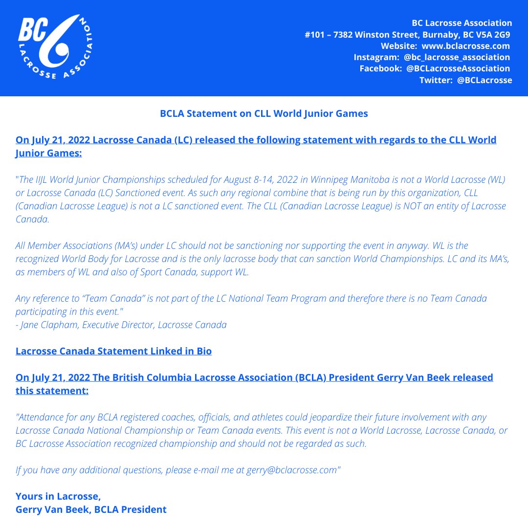BCLacrosse's tweet photo. BC Lacrosse Association President Gerry Van Beek has released the following statement with regards to the CLL World Junior Games.

Lacrosse Canada Statement Link in Bio.

@LacrosseCanada 

#BCLacrosse #Lacrosse #LacrosseCanada #Sport #BritishColumbia https://t.co/qthfVvsbQn