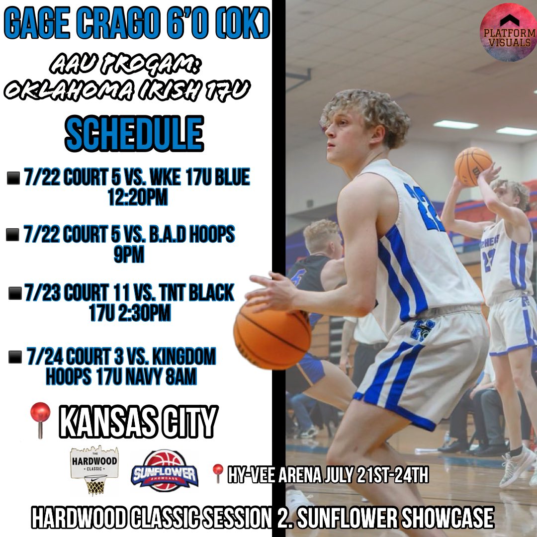 Our guy <a href="/CragoGage/">Gage Crago</a> 6’0 (OK) C/O ‘23 will be on display tomorrow through Sunday at the <a href="/MokanBasketball/">MOKAN Basketball</a> Sunflower showcase in Kansas City. 

The young man can play‼️ High IQ point guard that gives you a little bit of everything. Excited to see what he can do. 🍿