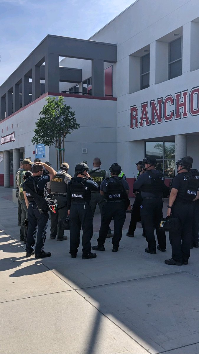 Riverside and San Bernardino County law enforcement, offices of education, and district communicators come together at @ValVerdeUSD to focus on student safety during a live active shooter scenario training session hosted by @VVUSDPD. #safeschools