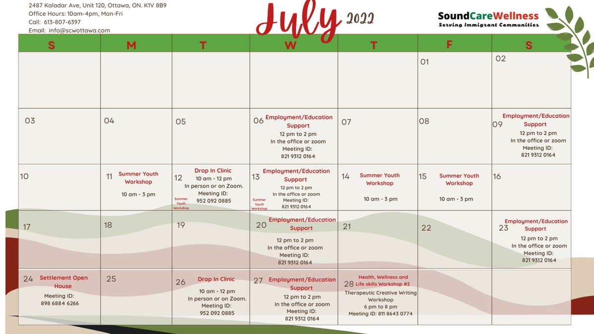 scwottawa's tweet photo. This July, join SCW in different activities, drop ins and workshops! 🌱☀️
#EmploymentSupport
#EducationSupport
#Settlement
#Health
#Wellness
#Lifeskills
#CreativeWriting https://t.co/MWh7ZRgu4D
