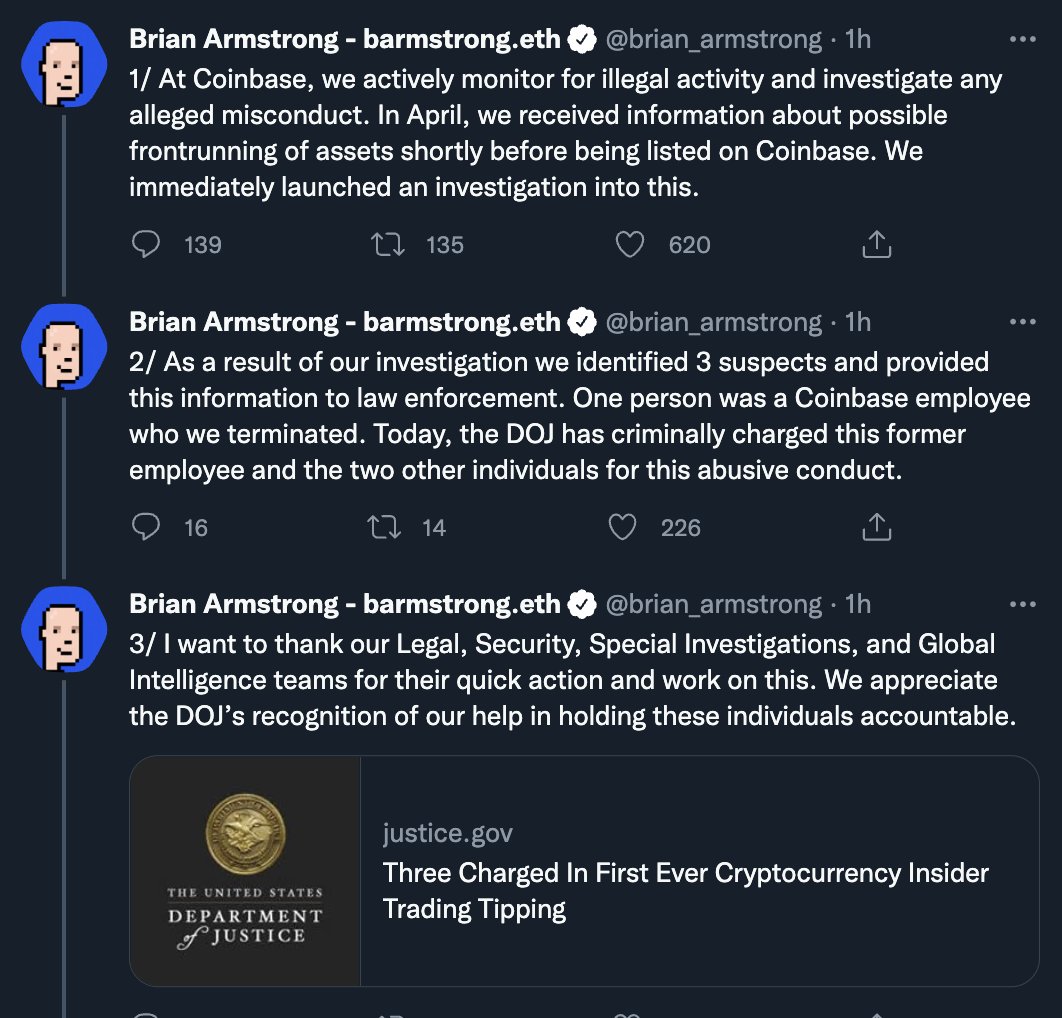 When I tweeted the "insider addr" tweet, I had been tweeting for months about how Coinbase listings/frontrunning/token choices had become a huge mess. 

Coinbase "frontrunning" was widely known and acknowledged within CT.

Now, Coinbase plays "hero" catching the ~evil fraud~ !