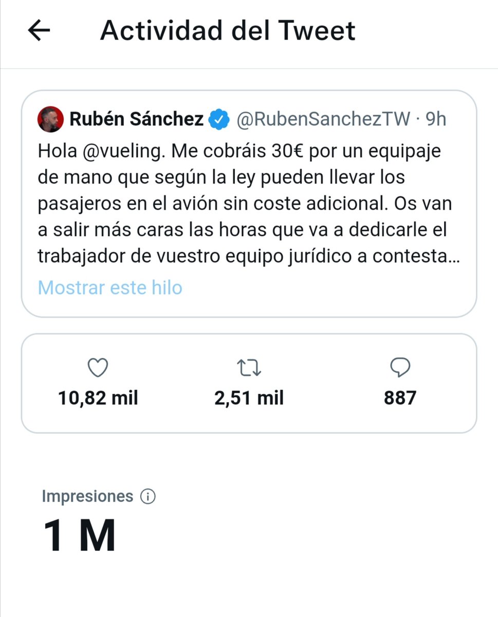 Rubén Sánchez on Twitter: "Hola @vueling. Me cobráis 30€ por un equipaje de mano que la ley pueden llevar los pasajeros en el avión sin coste adicional. Os van a salir más caras las horas que a dedicarle de vuestro equipo ...