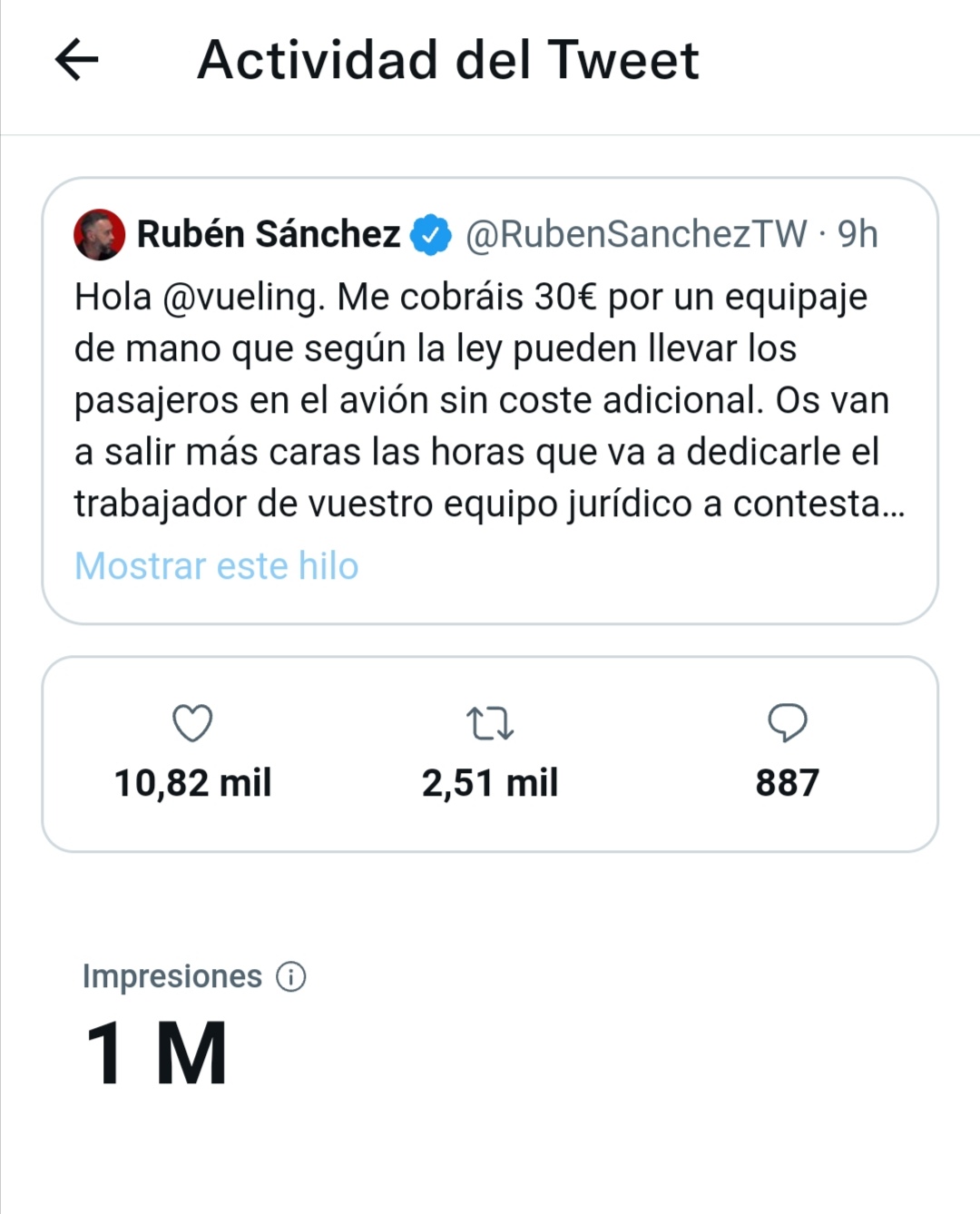 Rubén Sánchez on Twitter: "Hola @vueling. Me 30€ por un equipaje de mano que según la ley pueden llevar los pasajeros en el avión sin coste Os van
