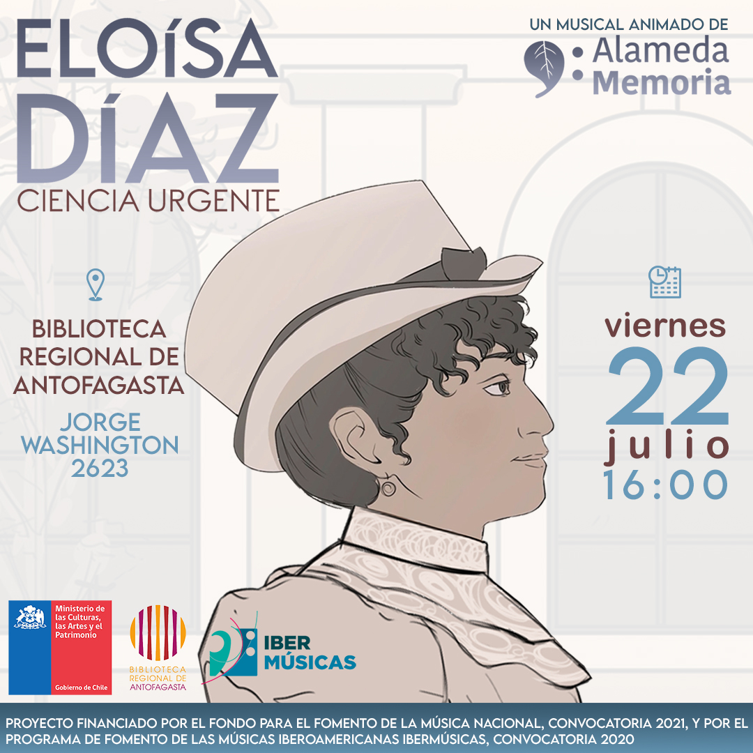 BibliotecAntofa's tweet photo. Tod@s invitad@s al musical animado y conversatorio “Eloísa Díaz: Ciencia Urgente” de @AlamedaMemoria. La cita es para mañana viernes 22 de julio, a las 16:00 horas en el auditorio de la biblioteca. Inscripción al correo contacto@bibliotecaregionalantofagasta.cl. Aforo limitado. https://t.co/RMs2wEq3st