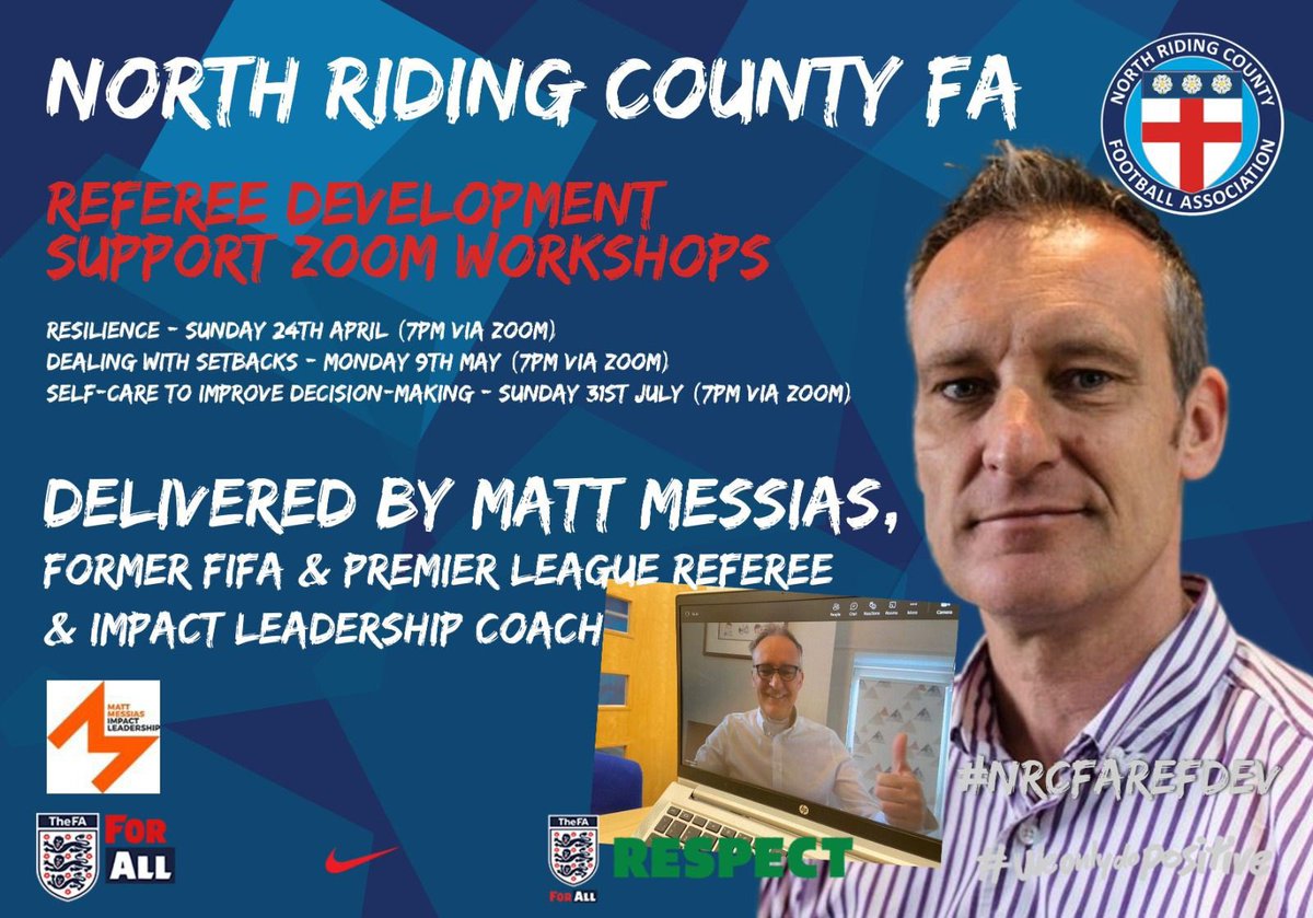 INVITE | @MessiasMatt will be hosting a Zoom session titled ‘𝙎𝙚𝙡𝙛-𝘾𝙖𝙧𝙚 𝙩𝙤 𝙄𝙢𝙥𝙧𝙤𝙫𝙚 𝘿𝙚𝙘𝙞𝙨𝙞𝙤𝙣 𝙈𝙖𝙠𝙞𝙣𝙜 𝙛𝙤𝙧 𝙍𝙚𝙛𝙚𝙧𝙚𝙚𝙨’ on Sun 31 July, 7pm 📆

We extend the invite to referees from ALL CFA’s 🤝

Email support@northridingfa.com for the link.