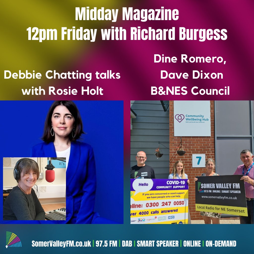 SomerValleyFM's tweet photo. 12pm Friday
#MiddayMagazine
@RosieisaHolt
@KomediaBath
@BornChatting
▶Performance style
▶Komedia Edinburgh preview
▶Edinburgh Fringe
@CllrDineRomero
#DaveDixon
@nellsssssb
@bathnes
@bathnesL
▶Community Wellbeing Hub
▶Libraries
▶Free school meal vouchers
#AllAboutLocal https://t.co/WtCkuJhzGP