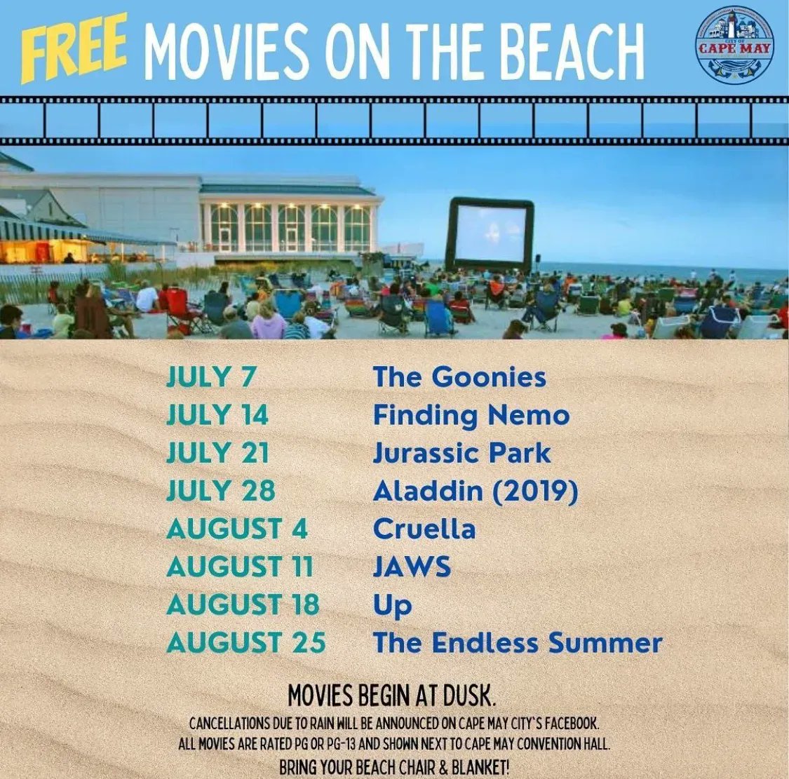 AntoinettesCMay's tweet photo. Tonight’s free movie on the beach is Jurassic Park! Starts at dusk. https://t.co/3hfL7Ydkfg