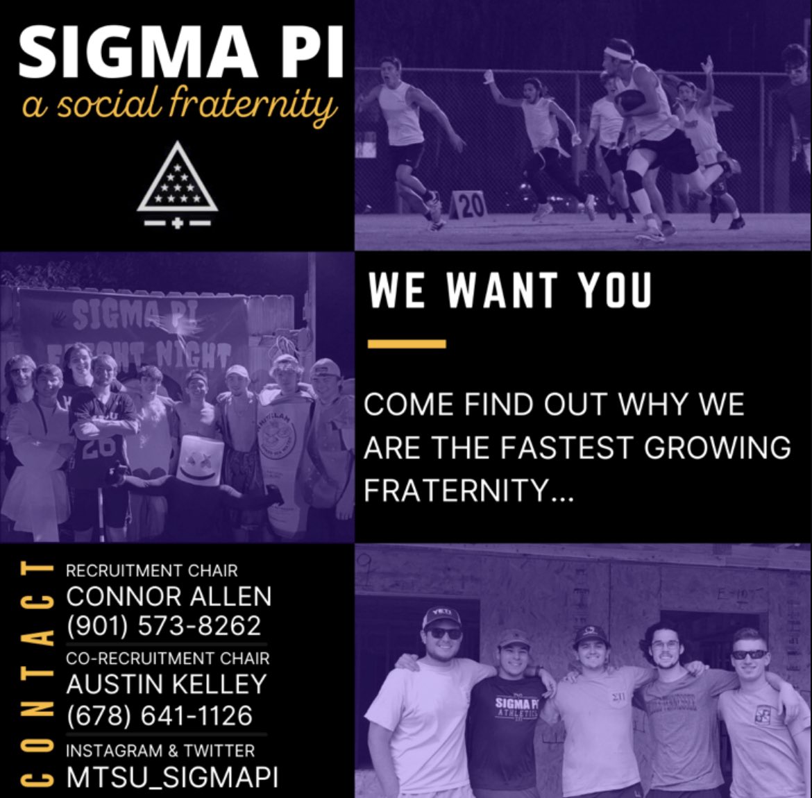 mtsu_SigmaPi's tweet photo. Fall rush is right around the corner! Dm us for more info on recruitment or contact a recruitment chair! #RollPi 🦉 https://t.co/wiwZjoDkDc