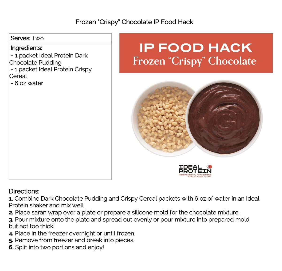 SkinVitality's tweet photo. #Recipeoftheweek try this #snackhack when you are craving something #sweet and #satisfying @idealprotein's Frozen Crispy Hot Chocolate combines 1 packet of #IP chocolate pudding with 1 pack of #IP crispy cereal. perfect for a tasty treat with ZERO guilt! #bonappetit 😍 https://t.co/7xK0ZXHFPW