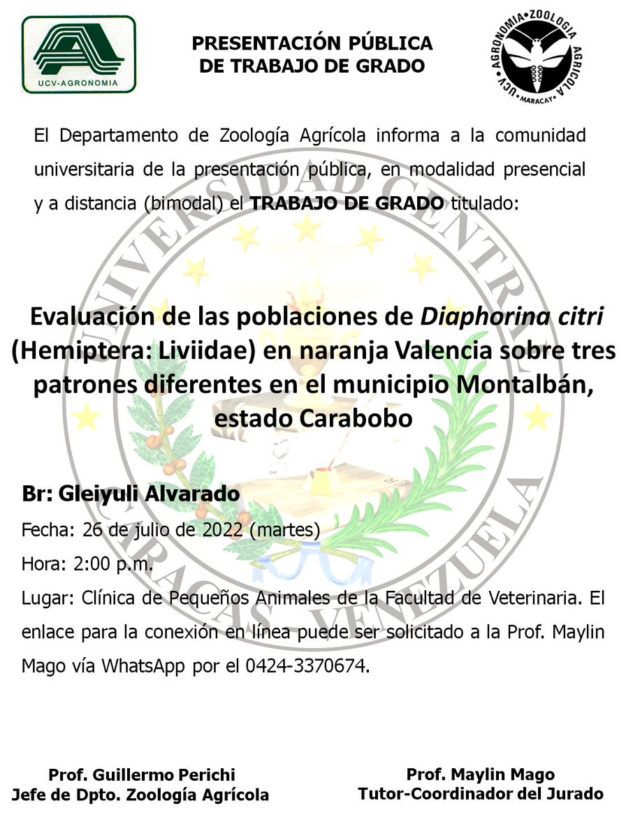 perichig's tweet photo. Invitación pública (26/07/2022) al Trabajo de Grado (Tesis) de la estudiante Gleiyuli Alvarado sobre Diaphorina citri en FAGRO-UCV. #Manejo de #plagas, #Docencia, #Investigación  y #Extensión en #UCV. https://t.co/uM8j43ExCu