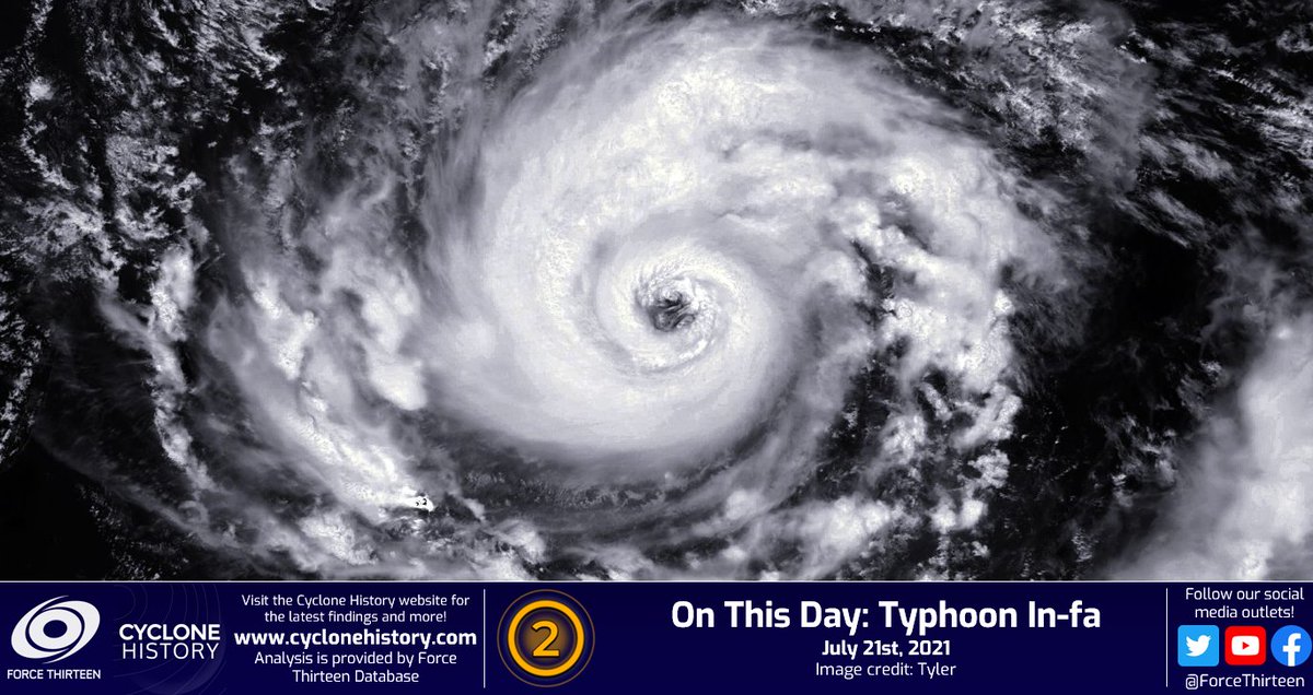 CycloneHistory's tweet photo. #OTD in 2021 witnessed #TyphoonINFA, which reached an unofficial F13 peak intensity of 100mph/955mb that day near the #RyukyuIslands.
In-fa dumped up to 951 mm (37.4 in.) of rain when it later passed over eastern #China, causing over $1 billion in damages. https://t.co/rzYnDOkvaB