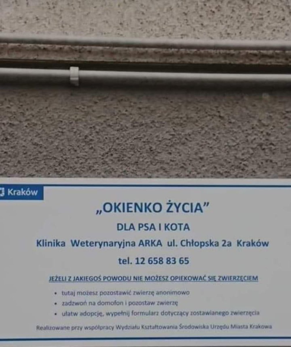 damian_zurawski's tweet photo. W Krakowie zostało stworzone okno życia dla psa i kota. Klinika Weterynaryjna Arka 👏

"Jeśli chcesz pozbyć zwierzęcia, proszę oddaj je do okna życia. Nie przywiązuj psa do drzewa w środku lasu, nie wyrzucaj kociąt w kartonie przy ulicy. Daj im szansę" https://t.co/EEe5hh1iAN