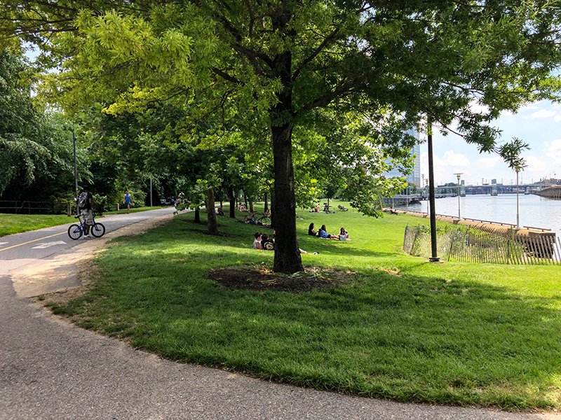 It feels 10 degrees cooler by the river between the breeze coming off the water &amp; the shade provided by the trees. Check out the trail map to find amenities such as water fountains &amp; other cool things to see along the Banks: schuylkillbanks.org/trail-map.