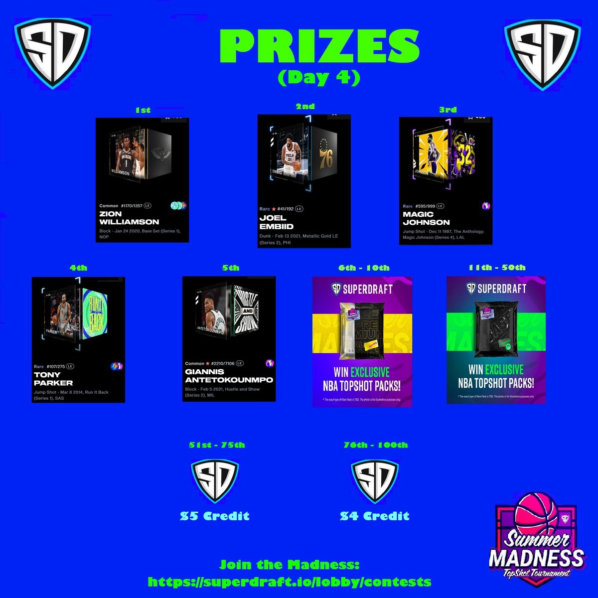 Tonight, is the final night of our @superdraftdfs <a href="/nbatopshot/">NBA Top Shot</a> Fantasy Set Tournament. 9pm ET

Run It Back vs. Seeing Stars for the Championship!

I went a little overboard on prizes (don't tell my boss) - see below. 

Enter here: superdraft.io/draft?contestI…