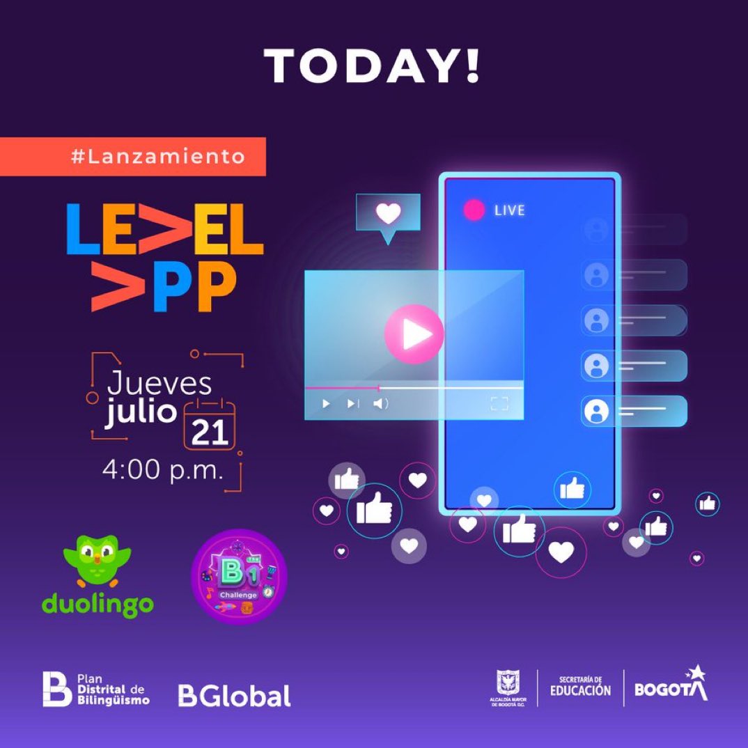 Educacionbogota's tweet photo. ¡Hoy!
Es el lanzamiento de #LevelApp, un desafío para fomentar el aprendizaje autónomo del inglés en estudiantes de 6º a 11º. Conéctate y conoce las condiciones de participación, el reglamento y las ventajas de ser parte del desafío #LevelApp.
🤓 👉🏻 https://t.co/wER97BAVon https://t.co/pERgz8mOSP