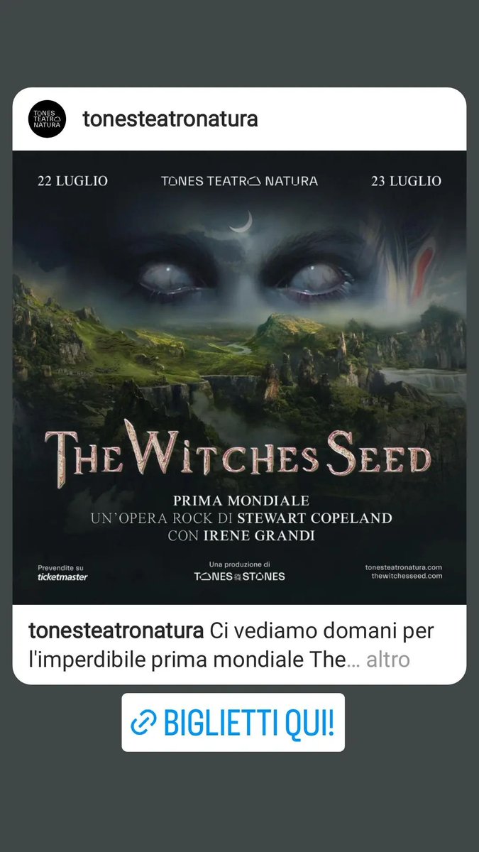 Elisa61650852's tweet photo. #thewitchesseed
22 e 23 luglio @TonesontheStone
biglietti su @Ticketmaster 
@irene_grandi @copelandmusic 
#teatro #operarock #music  #piemonte https://t.co/0CQygGJiqB