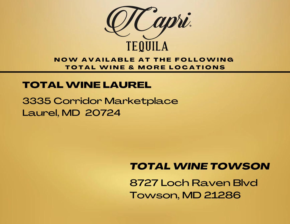 TcapriTequila's tweet photo. TCapri Tequila Blanco (only) is now restocked in Total Wine Laurel and we are NOW AVAILABLE at TOTAL WINE TOWSON🙌🏽🙌🏽 https://t.co/BhLR2l89Hz